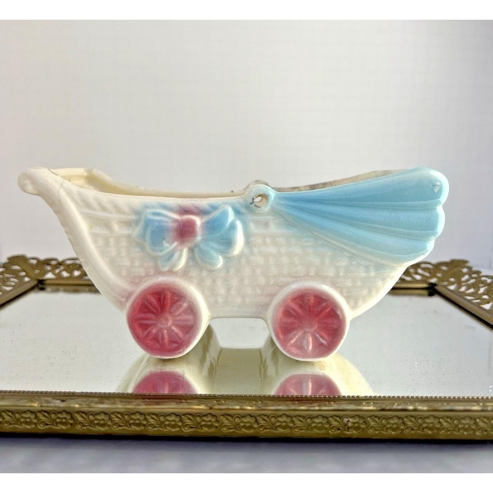 Planter Baby Buggy Pink Blue Nursery Vase Mid Century Style Ceramic Vintage - Picture 3 of 10